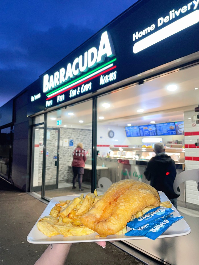 Fish and Chips Served at Barracuda Takeaway in Boness